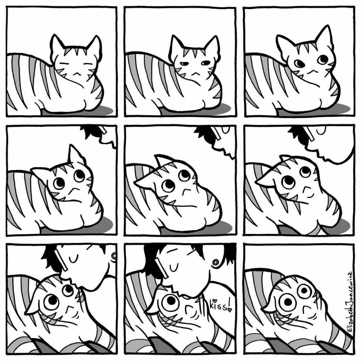 Радостная раскраска кошка мем