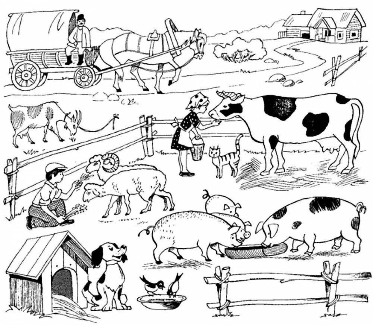 Радостная страница раскраски «найди домашних животных»