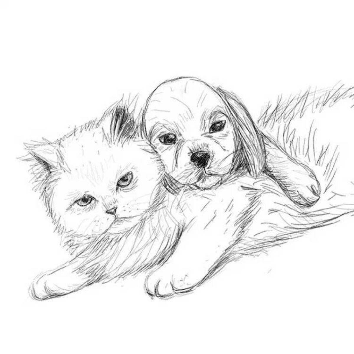 Раскраска очаровательный котенок и щенок