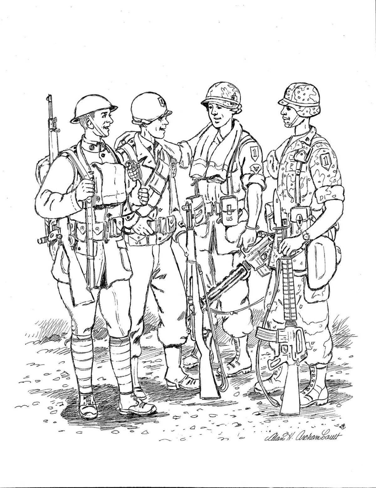 Красочная раскраска солдаты разных родов войск для детей