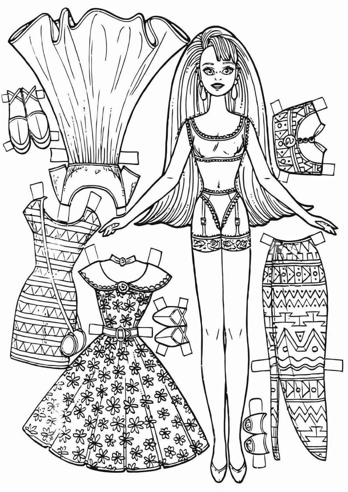 Привлекательная раскраска бумажная кукла барби с одеждой, которую нужно вырезать