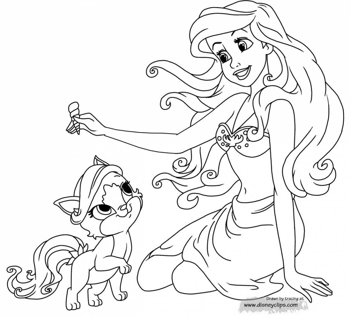 Увлекательная раскраска принцесса с кошкой