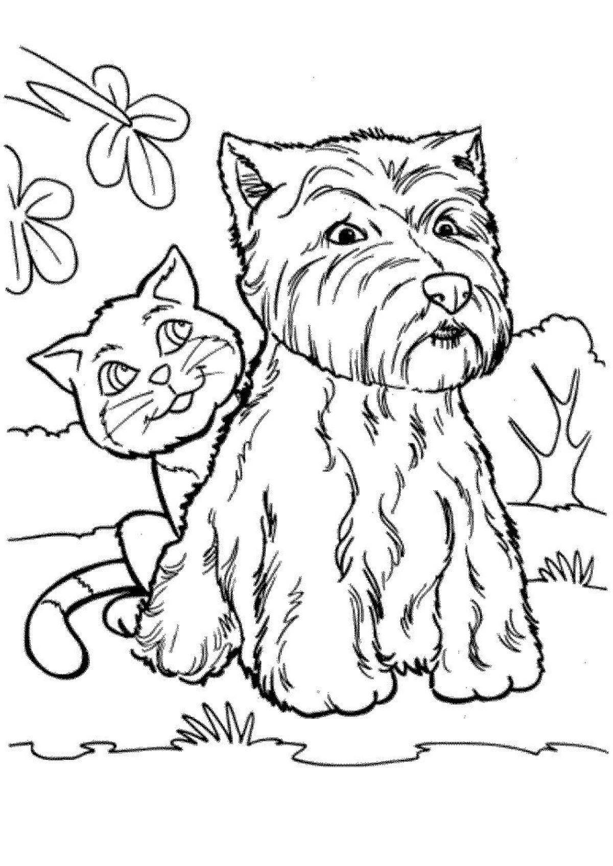 Блестящая страница раскраски собаки и кошки