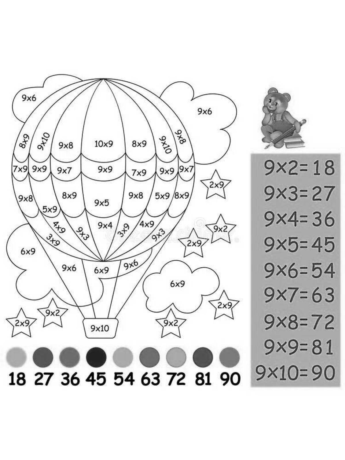 Красочная страница-раскраска таблица умножения 3x