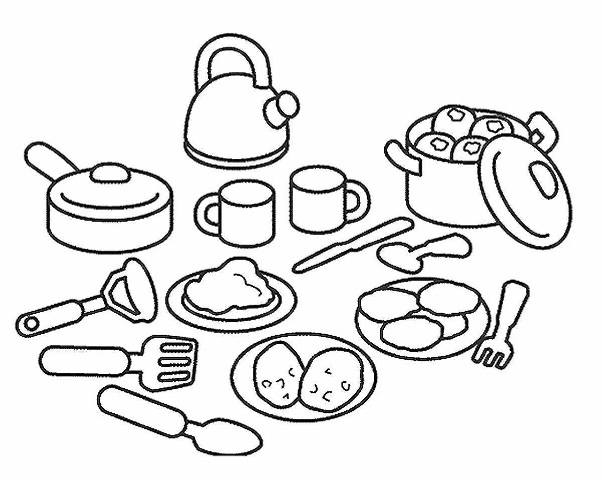 Раскраска «игривая посуда» для дошкольников