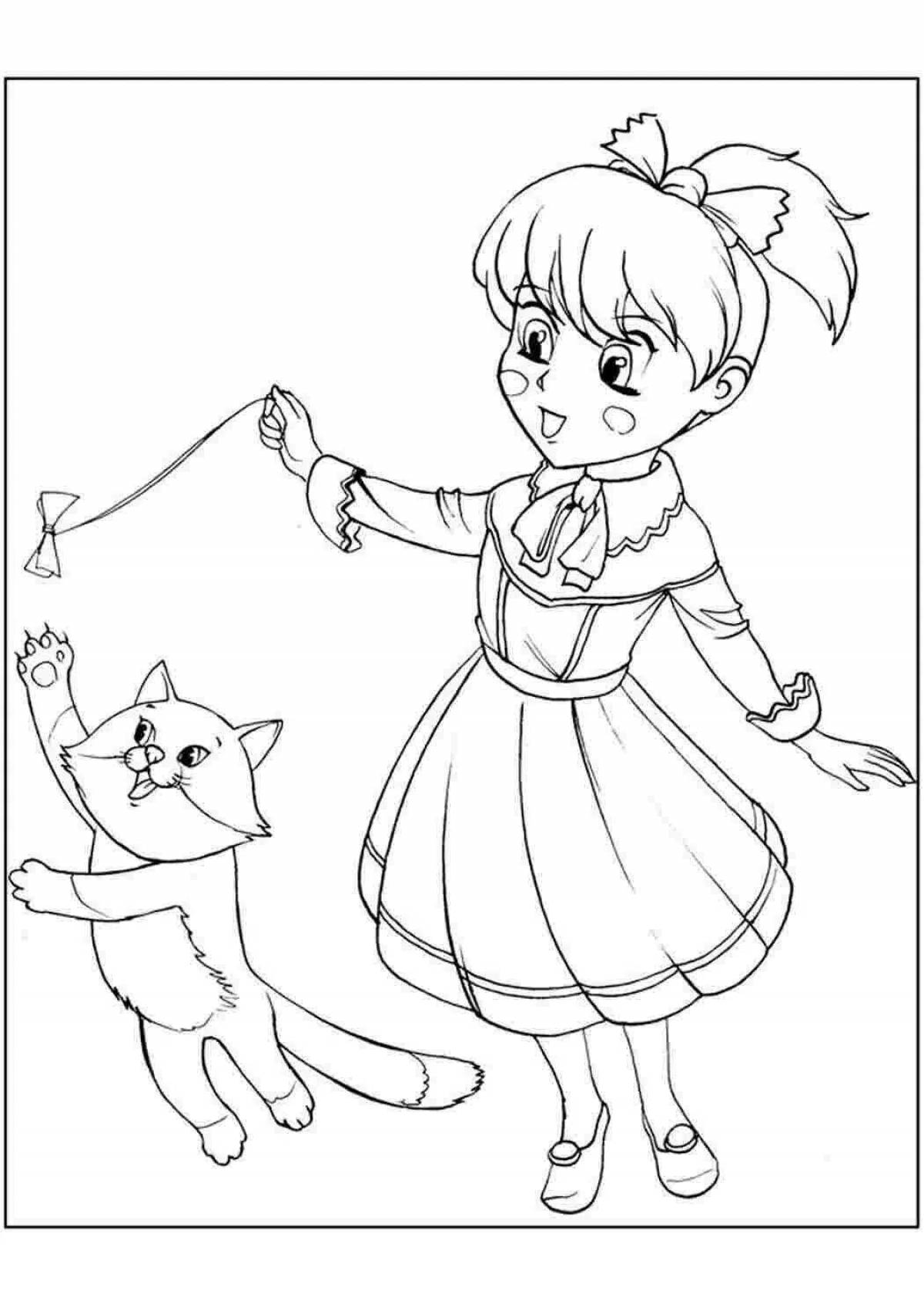 Радостная раскраска девочка с кошкой