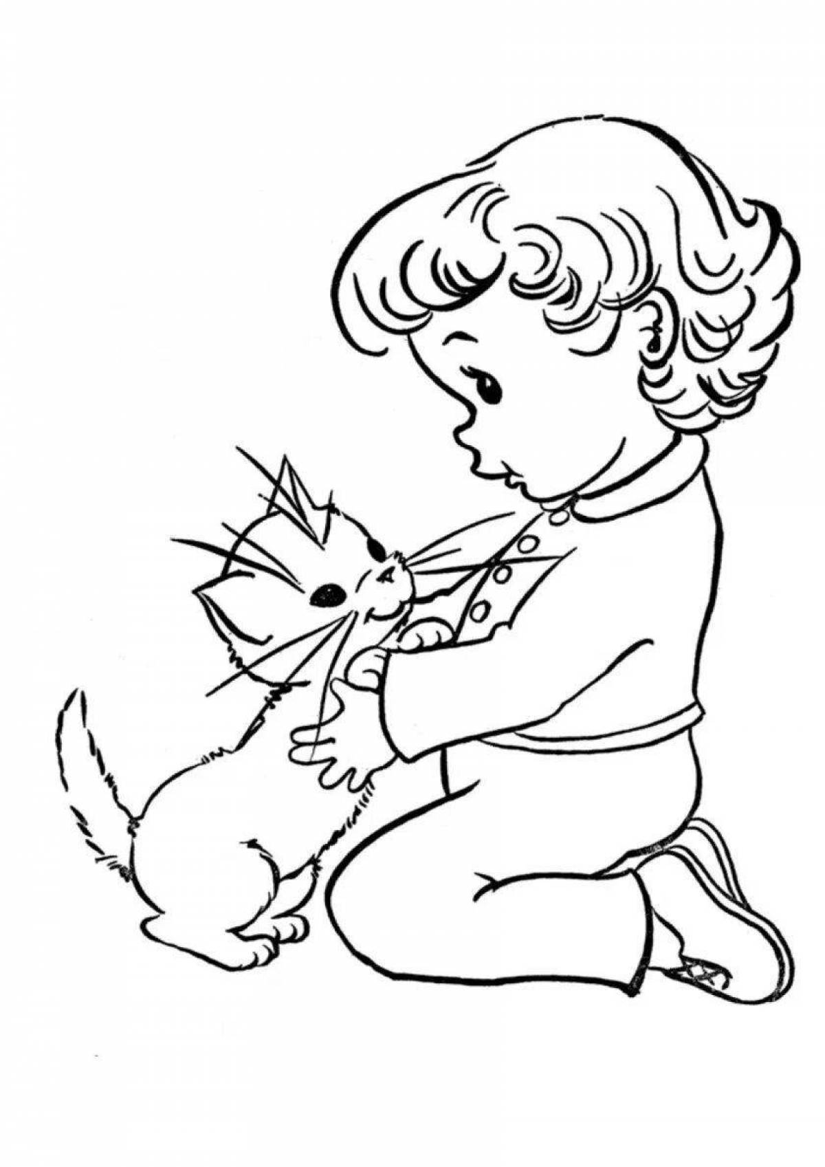 Веселая раскраска девочка с кошкой