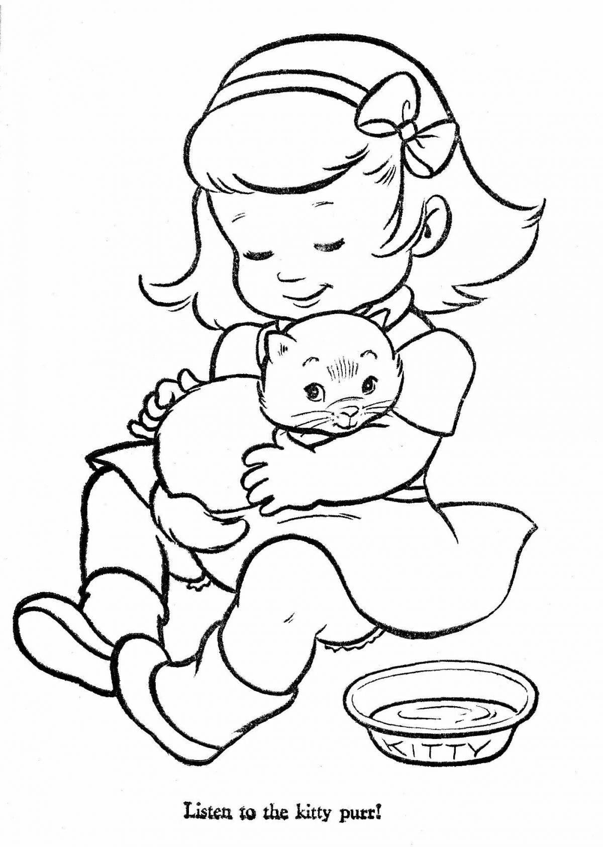 Симпатичная раскраска девочка с кошкой