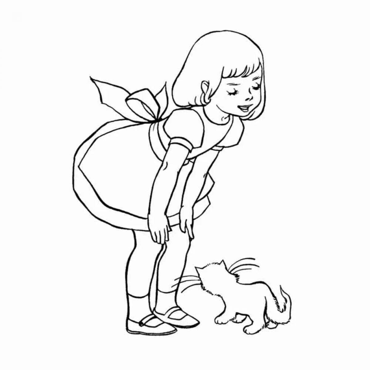 Прекрасная раскраска девочка с кошкой