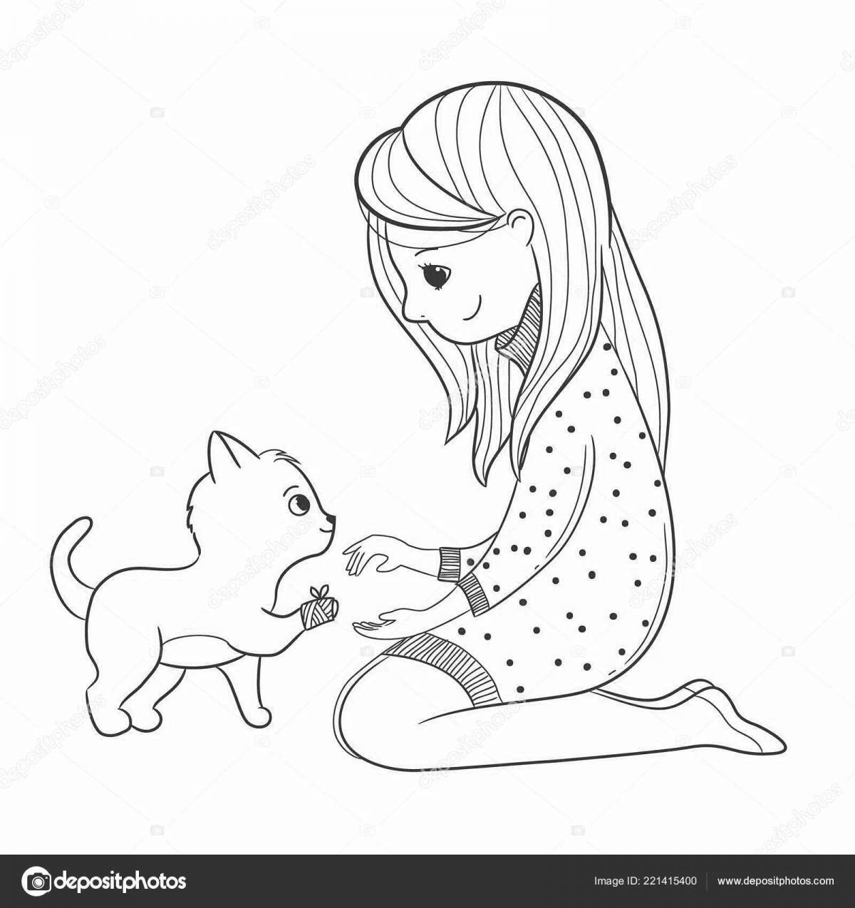 Забавная раскраска девочка с кошкой