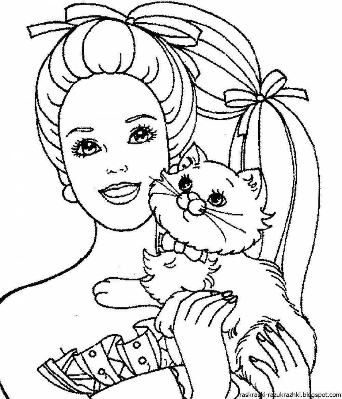 Буйная раскраска девочка с кошкой