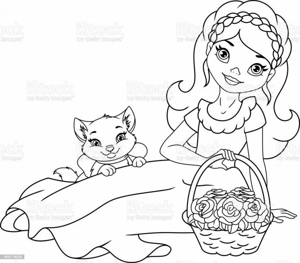 Пузырьковая раскраска девочка с кошкой
