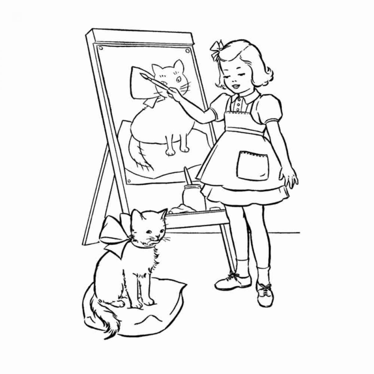 Грациозная раскраска девочка с кошкой