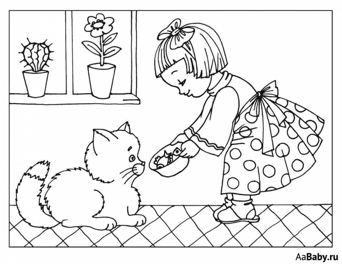 Изысканная раскраска девочка с кошкой