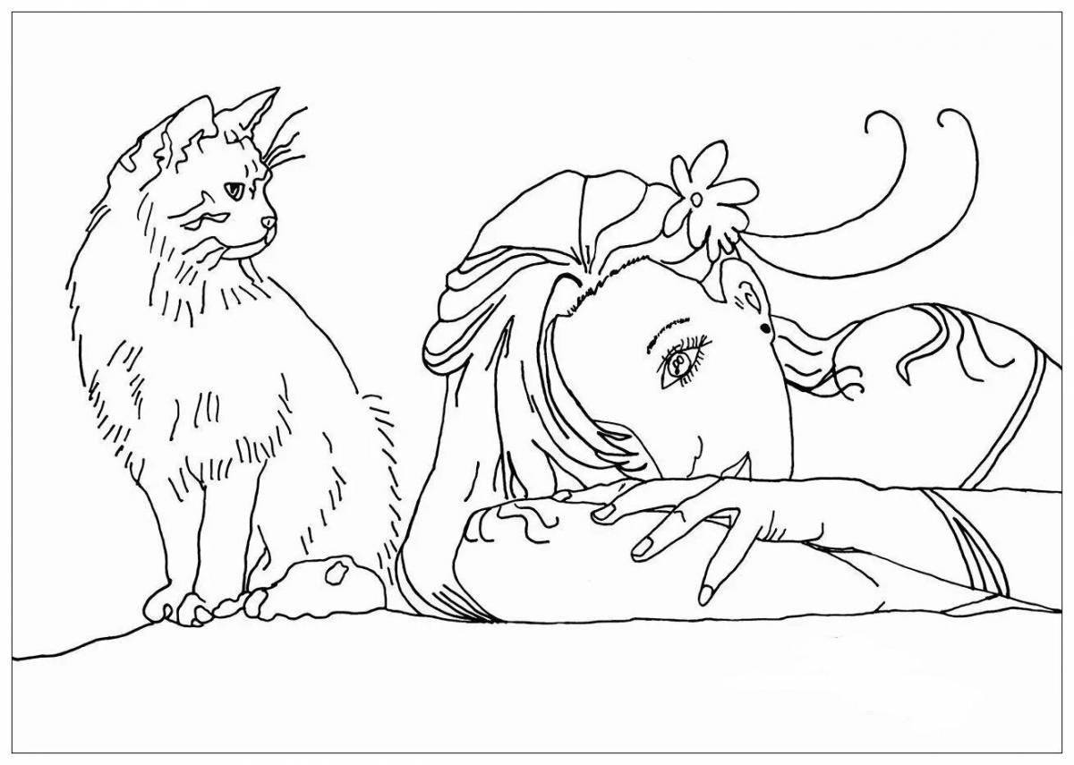 Serene раскраска девушка с кошкой