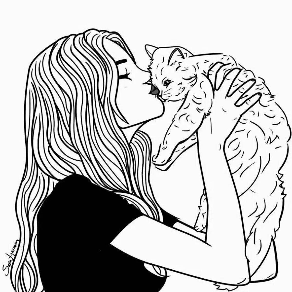 Королевская раскраска девушка с кошкой