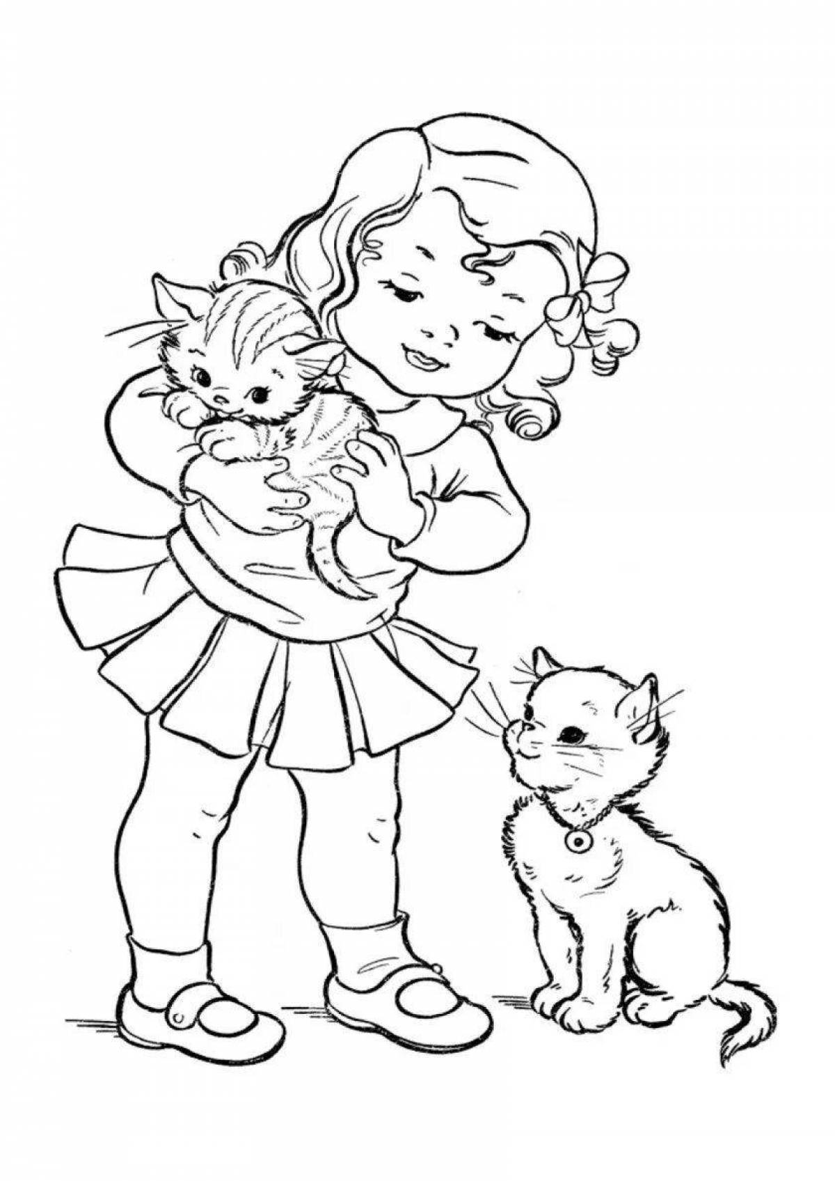 Большая раскраска девочка с кошкой