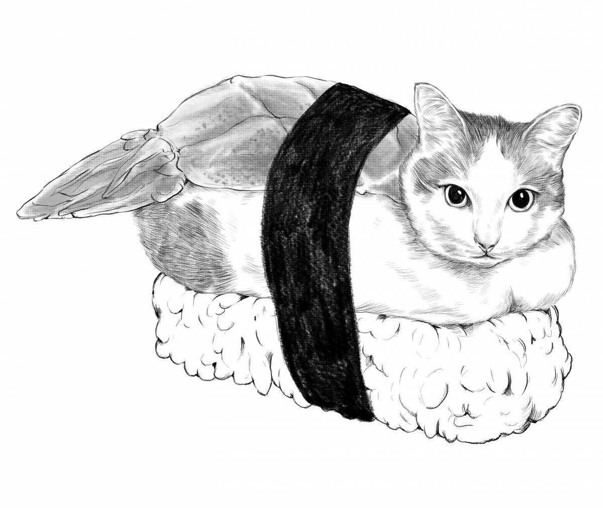 Раскраска забавный суши-кошка