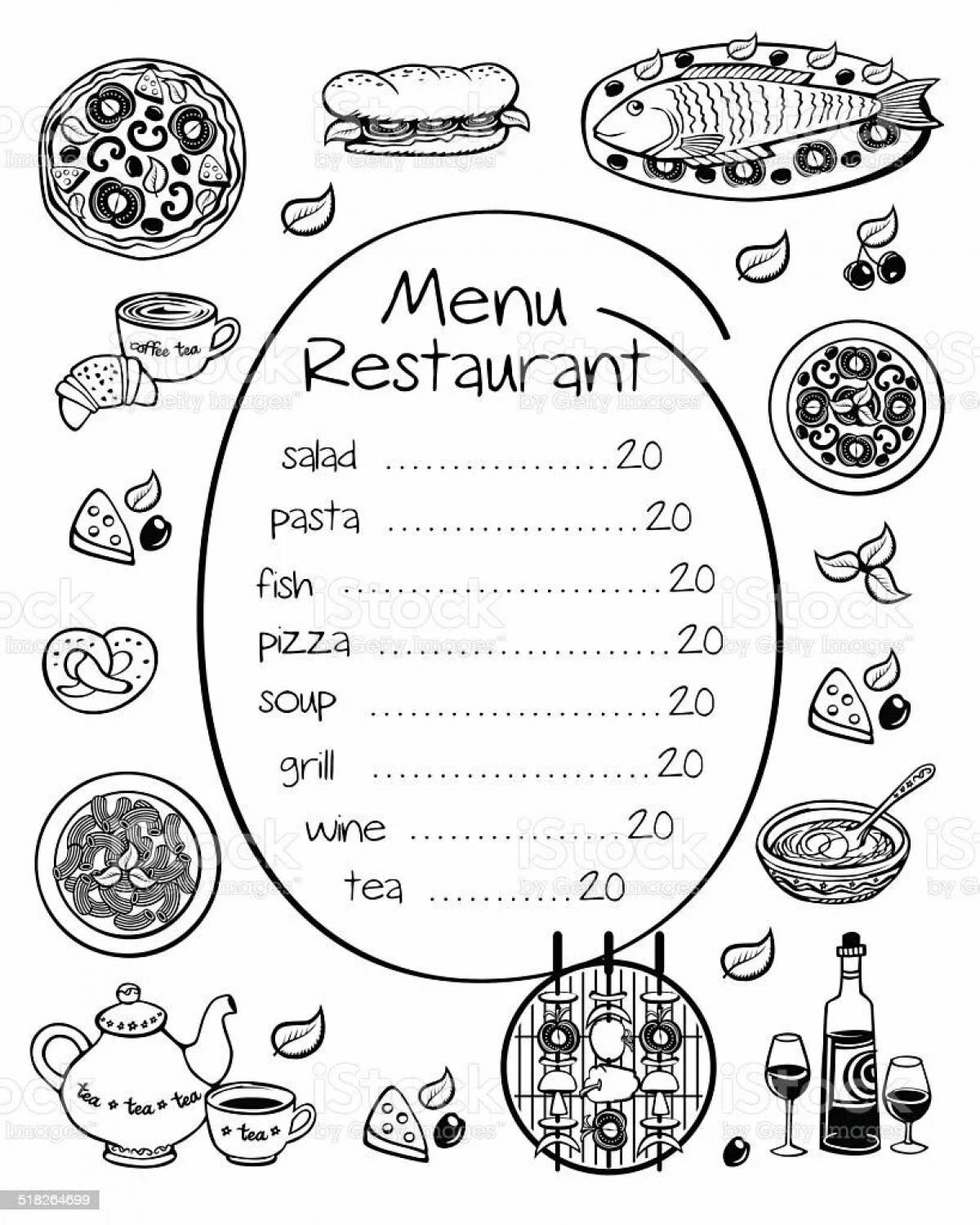 Страница раскраски меню ресторана с приключениями