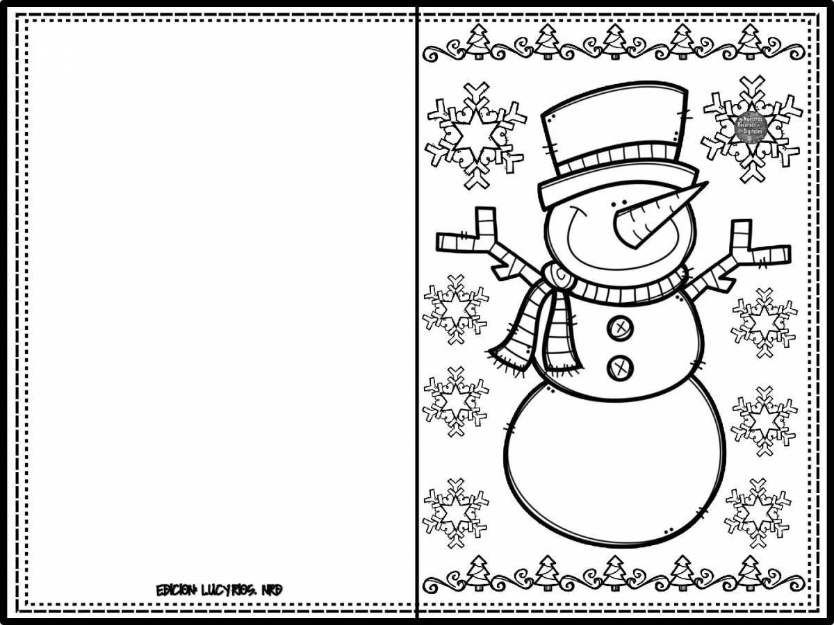 Открытка-раскраска радостный снеговик