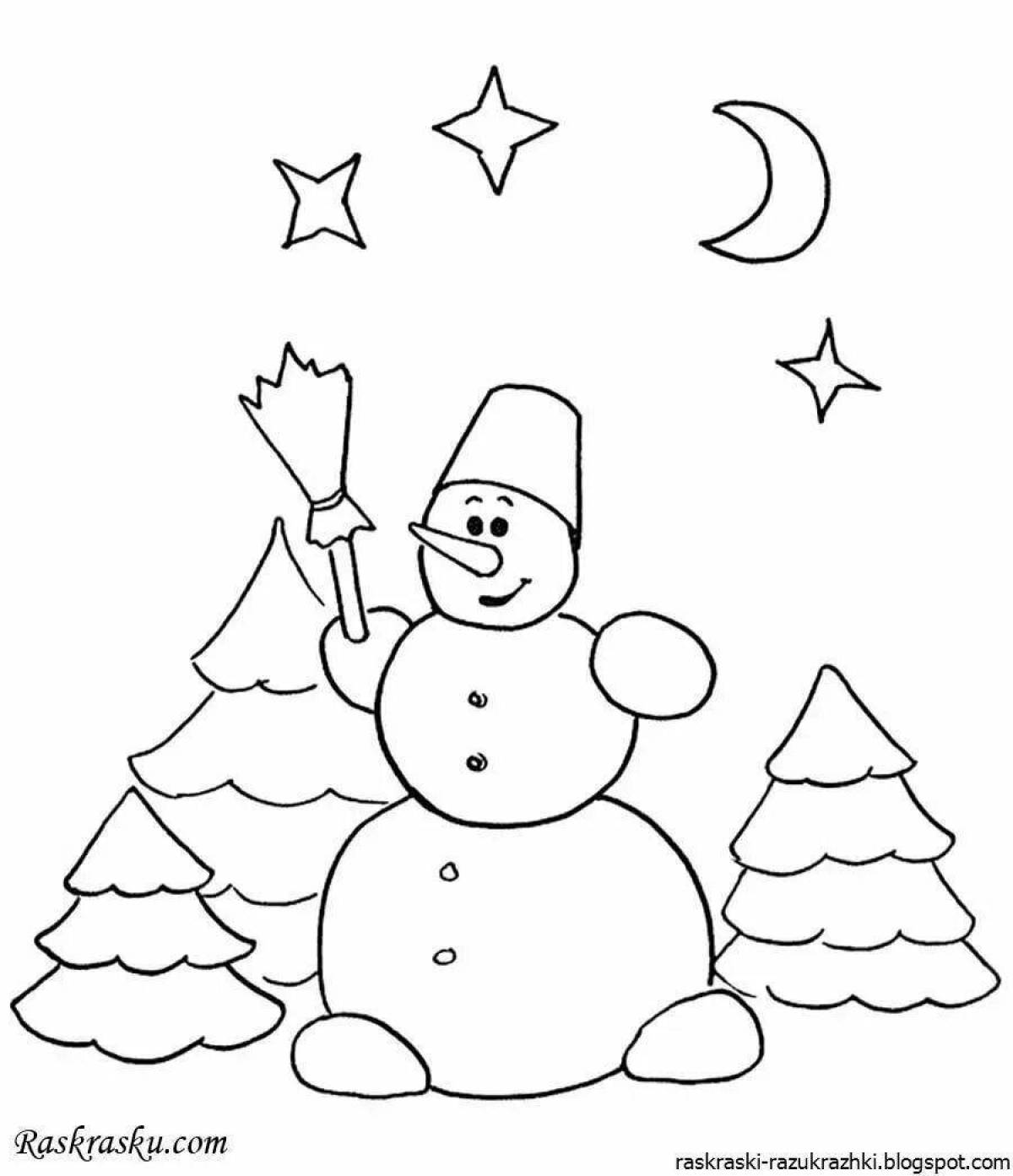 Яркая открытка-раскраска снеговик