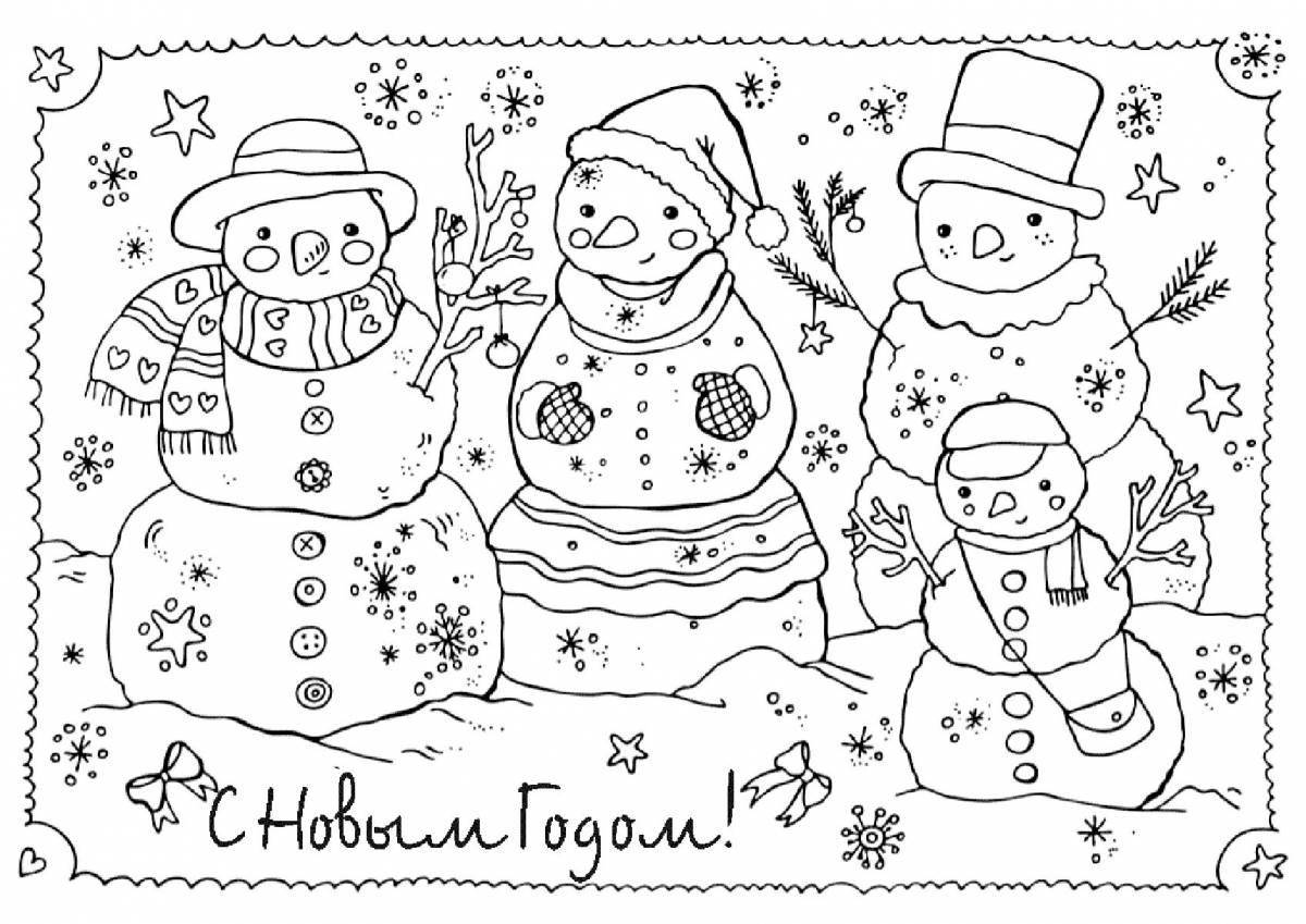 Красочная открытка-раскраска снеговик