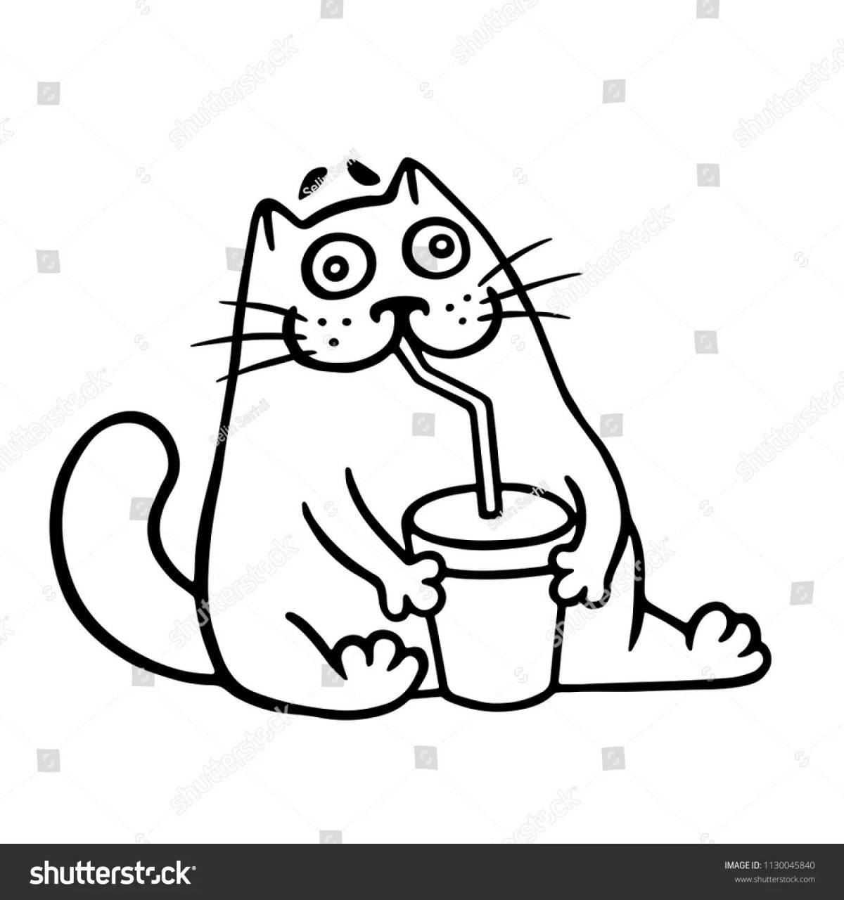 Раскраска заинтригованный кот, пьющий молоко