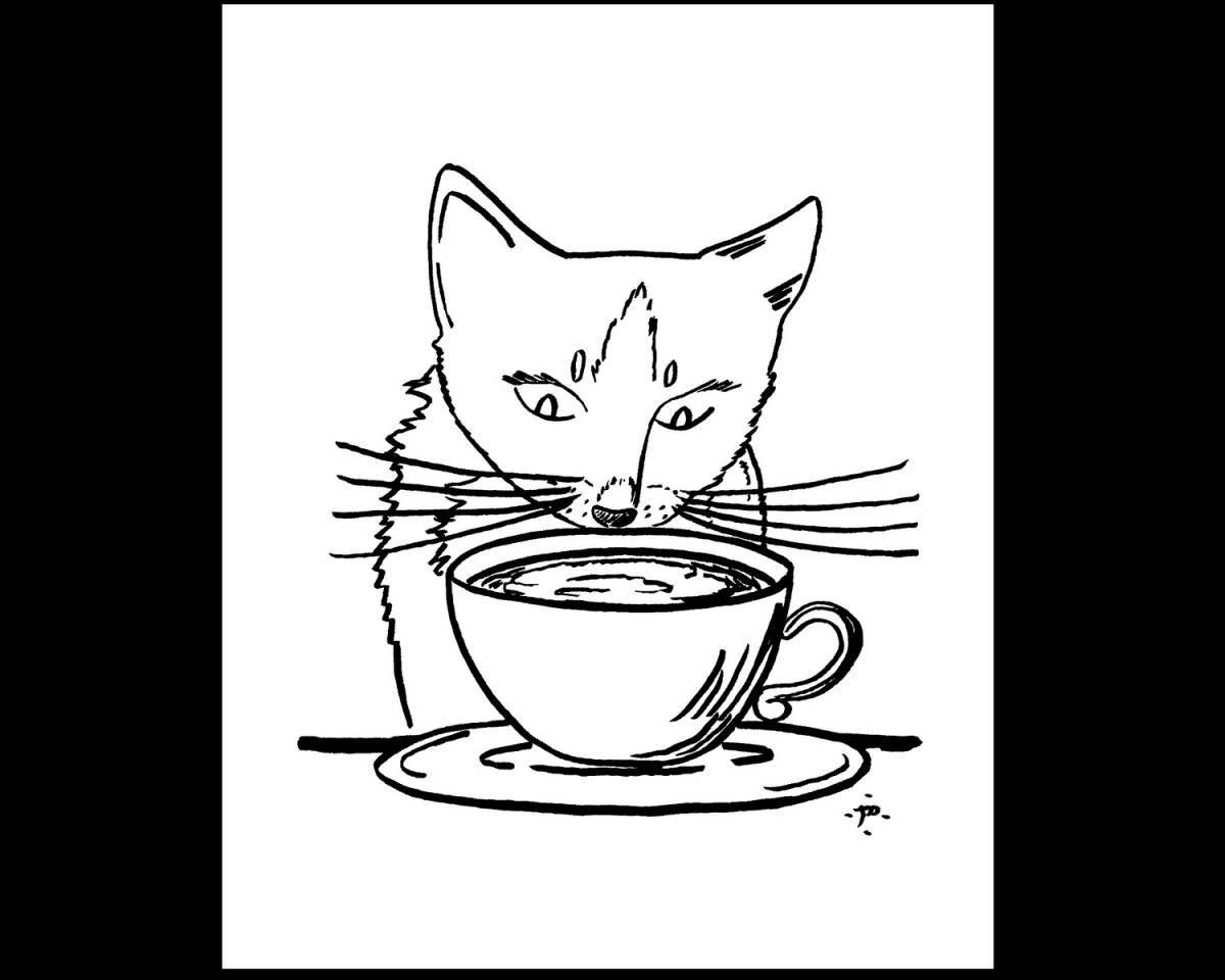 Раскраска очарованная кошка, пьющая молоко