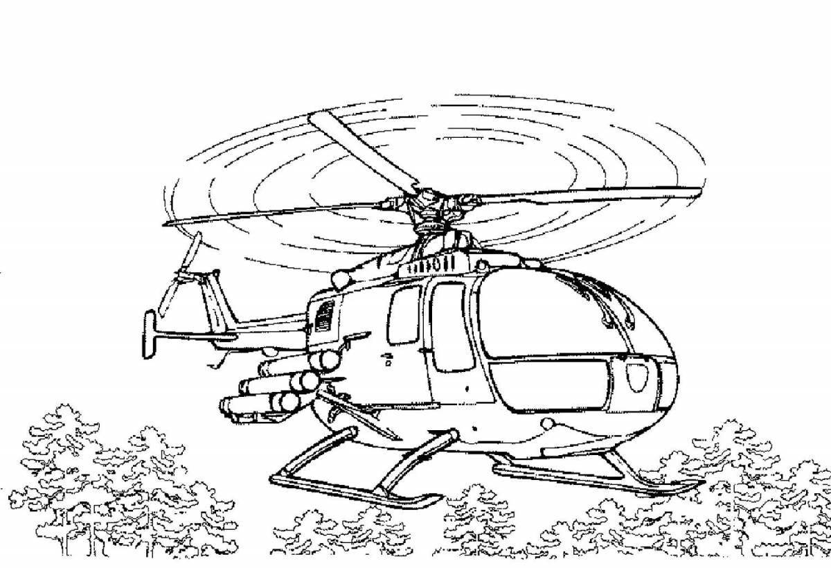 Красочная страница раскраски с военным вертолетом для детей