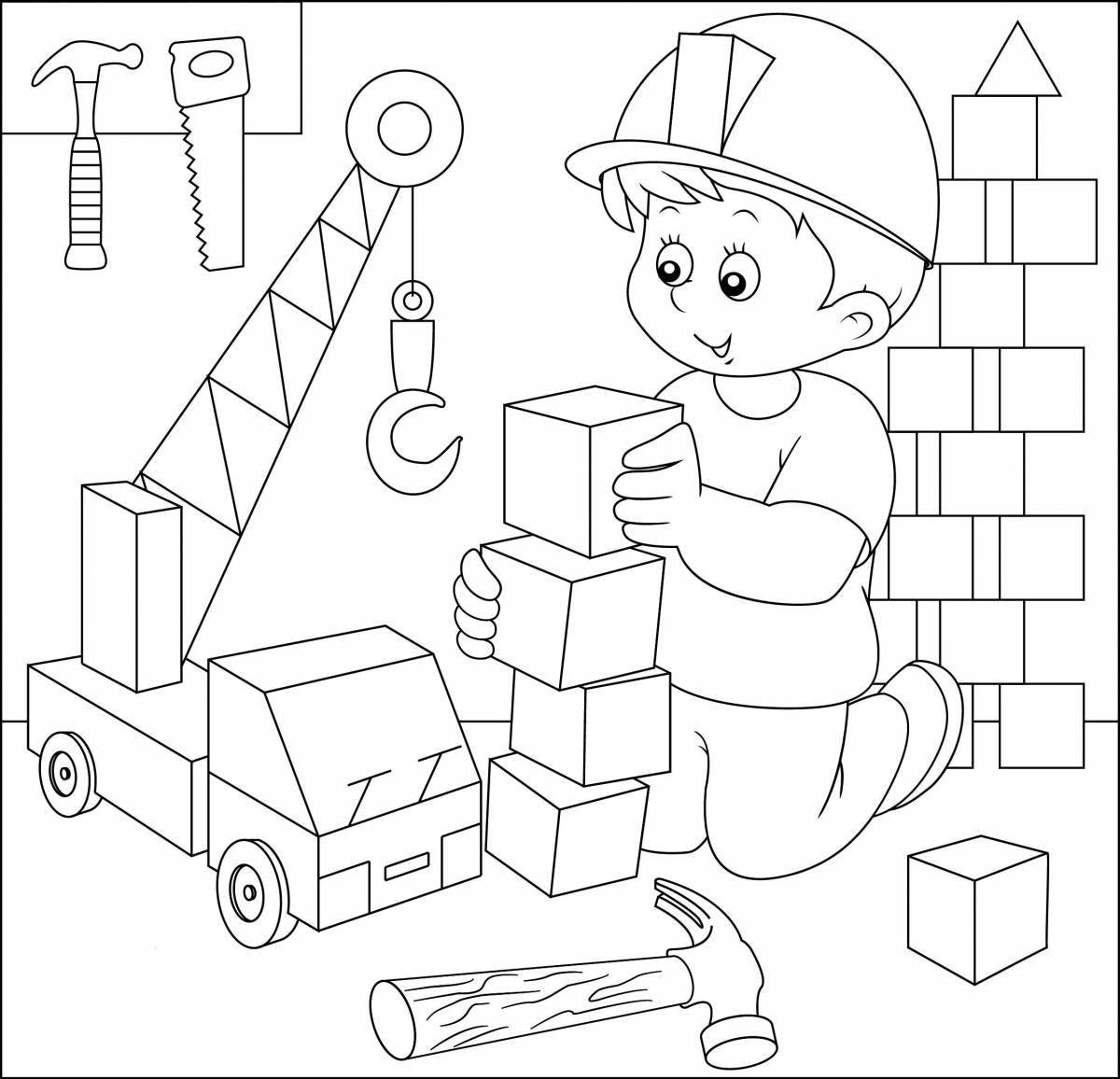 Игривая страница раскраски строителя для детей