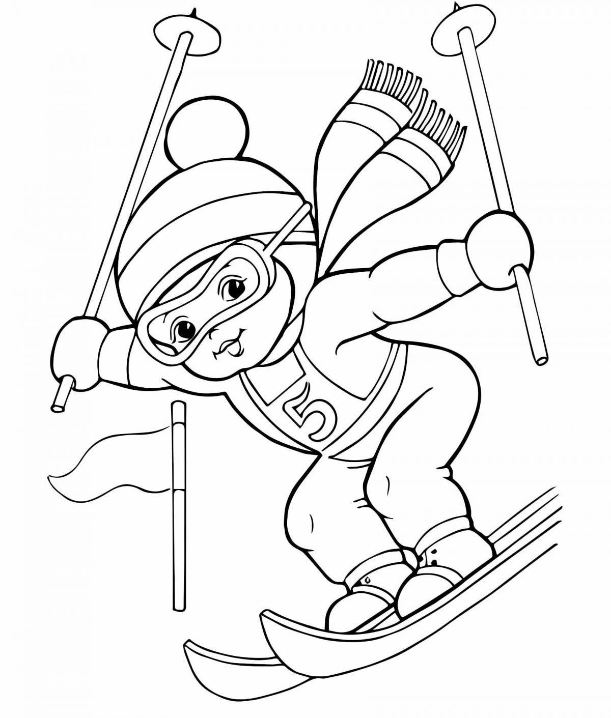 Раскраска радостный малыш-лыжник