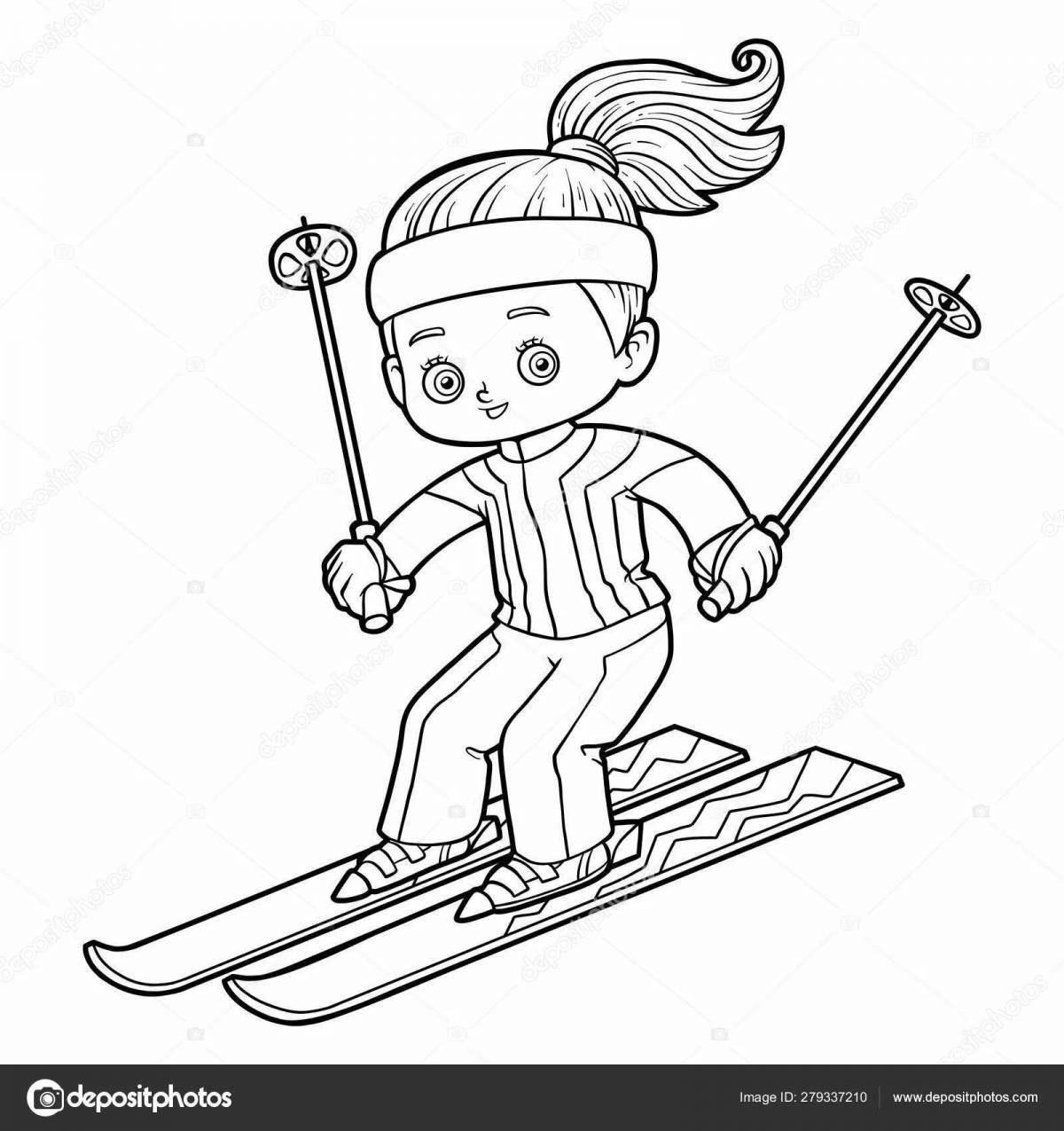 Анимированная страница раскраски для малышей-лыжников
