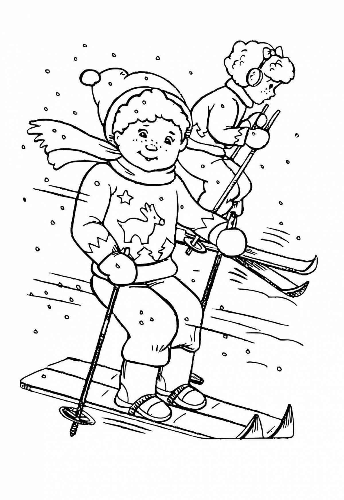 Страница раскраски общительного малыша-лыжника