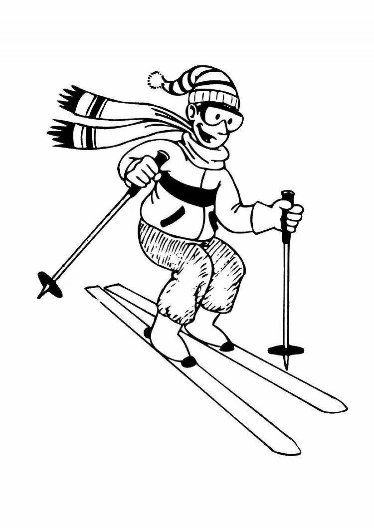 Раскраска возбужденный малыш-лыжник