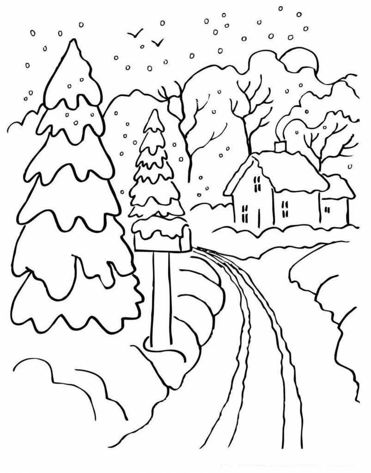 Увлекательная раскраска «зимний пейзаж» для детей 10 лет
