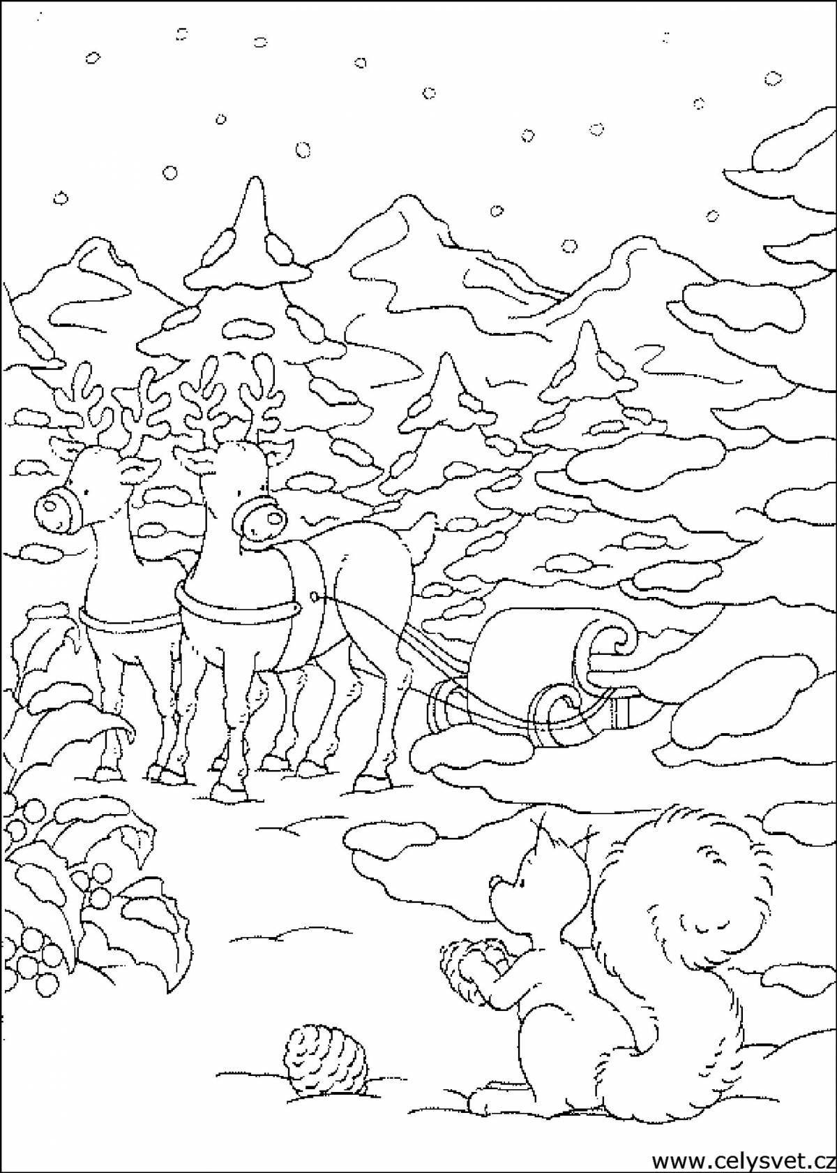 Праздничная раскраска «зимний пейзаж» для детей 10 лет