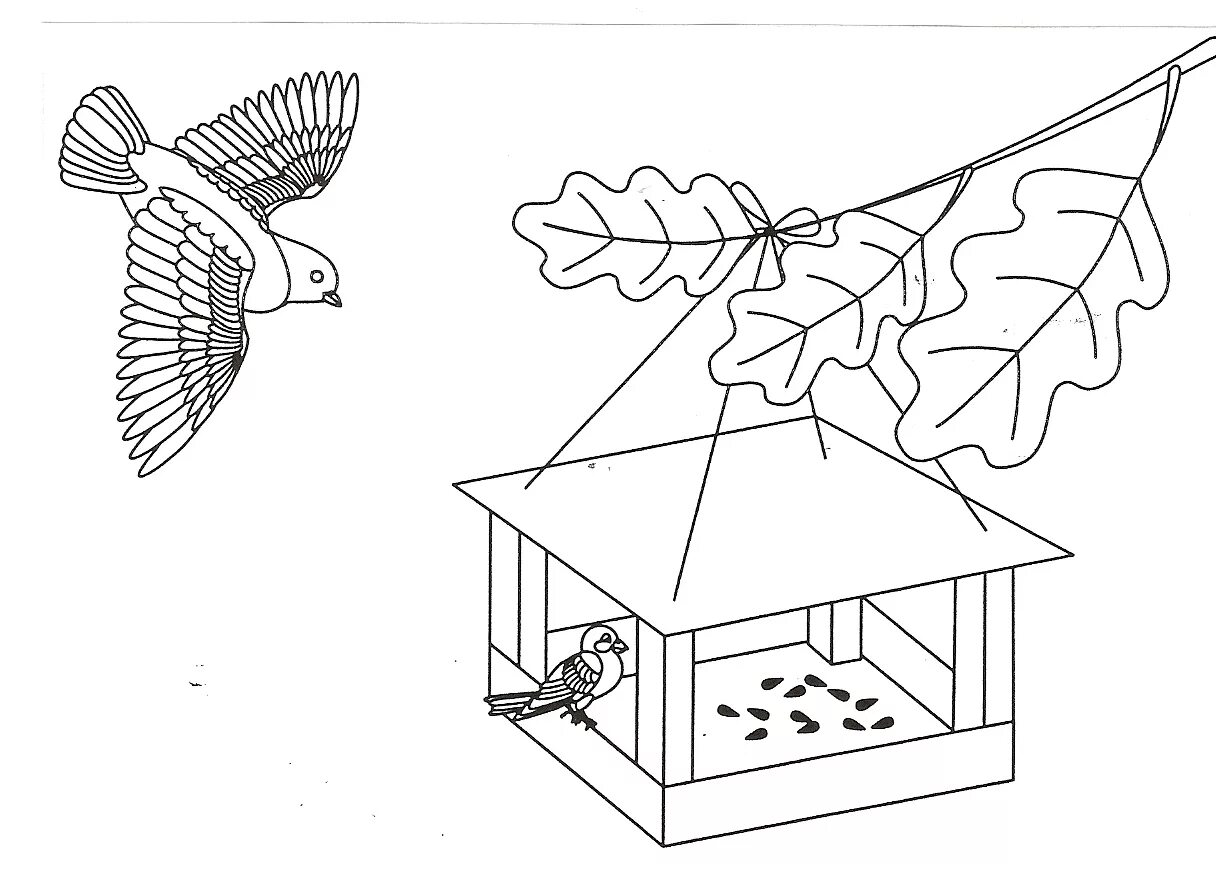 Впечатляющая страница раскраски кормушка для птиц для детей