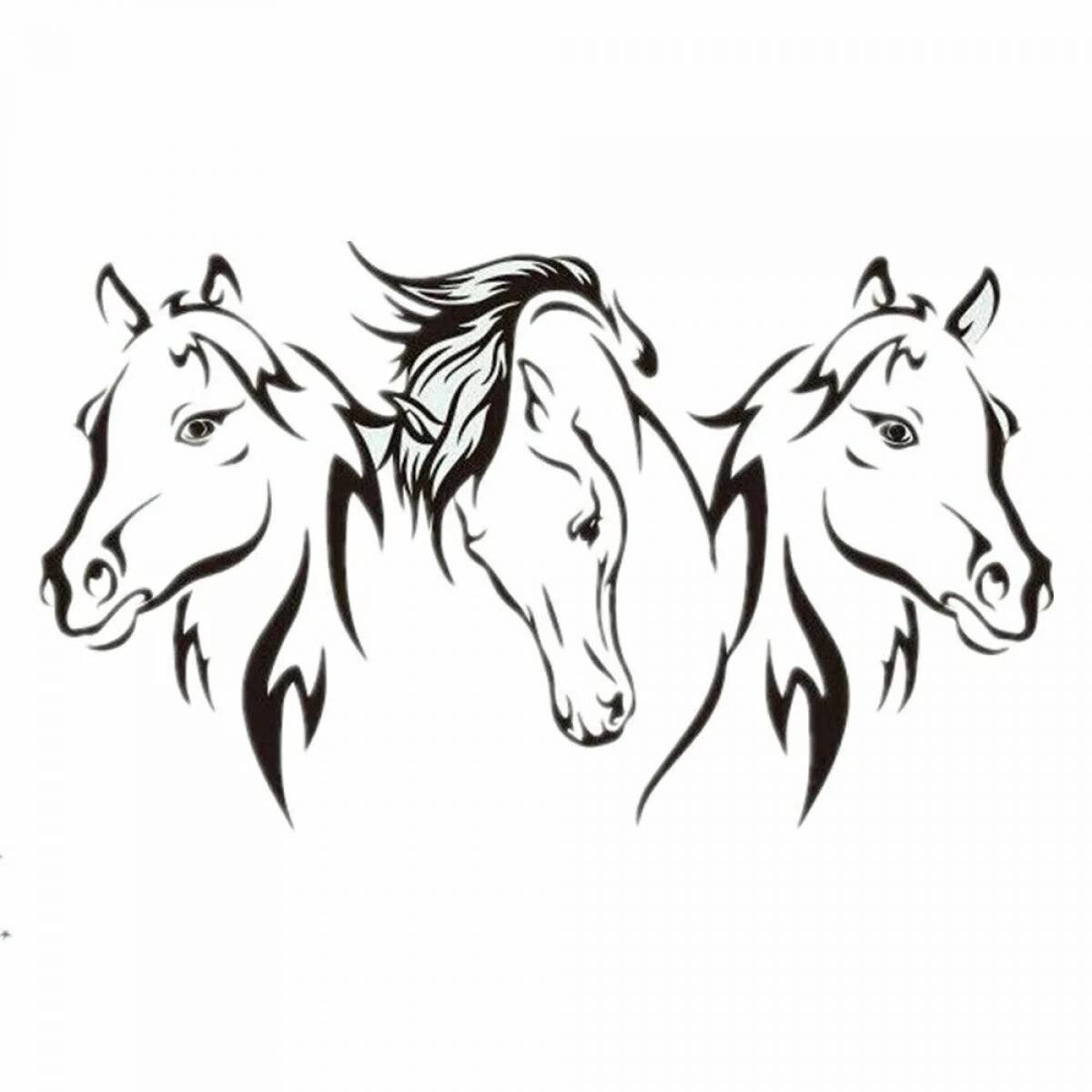 Раскраска сияющее трио лошадей
