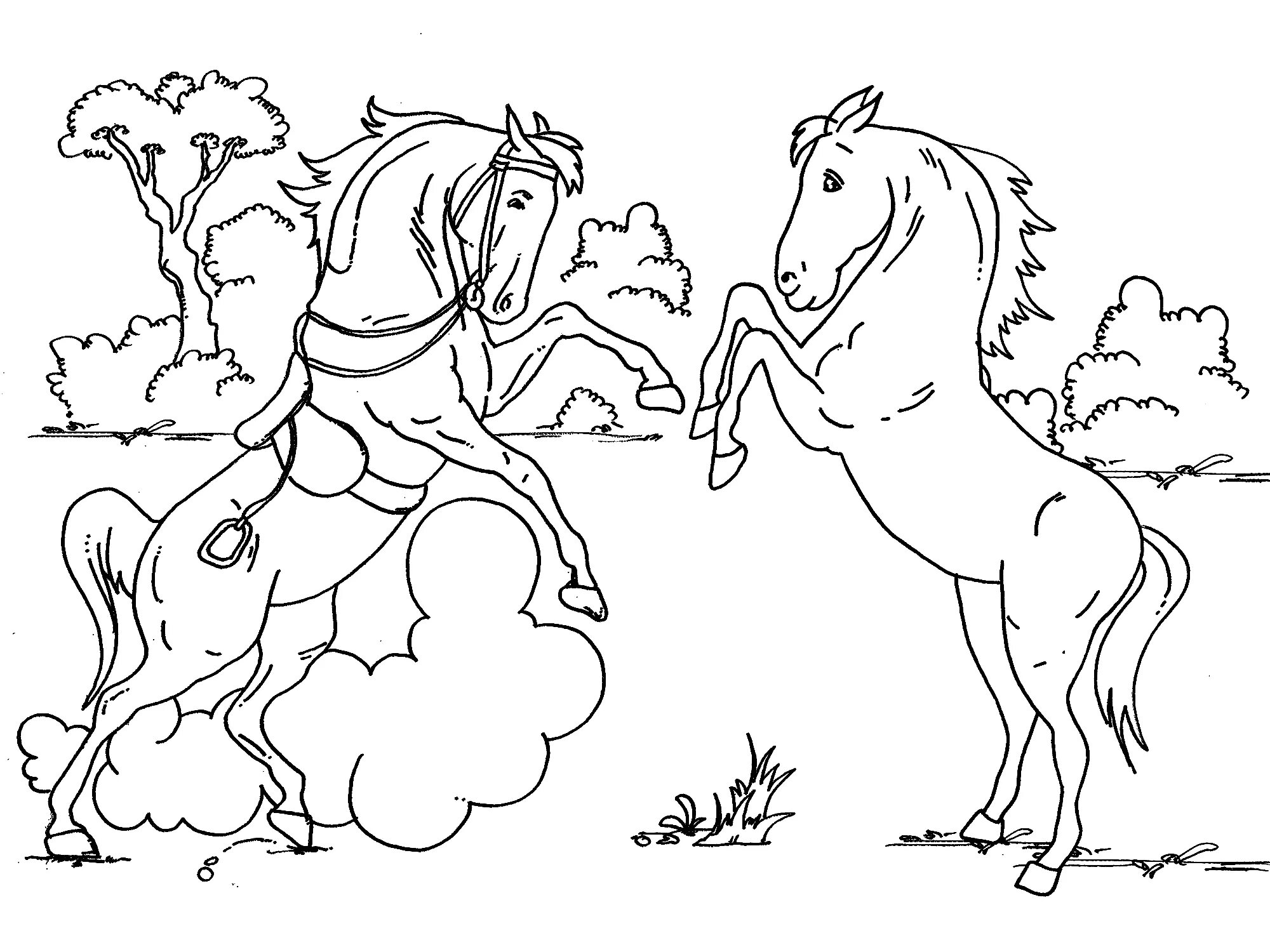 Раскраска радостное трио лошадей