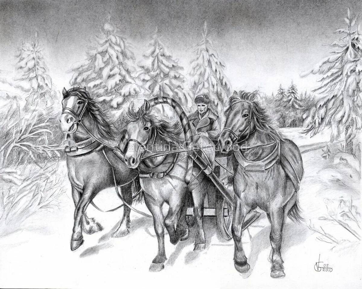 Анимированная раскраска «трио лошадей»