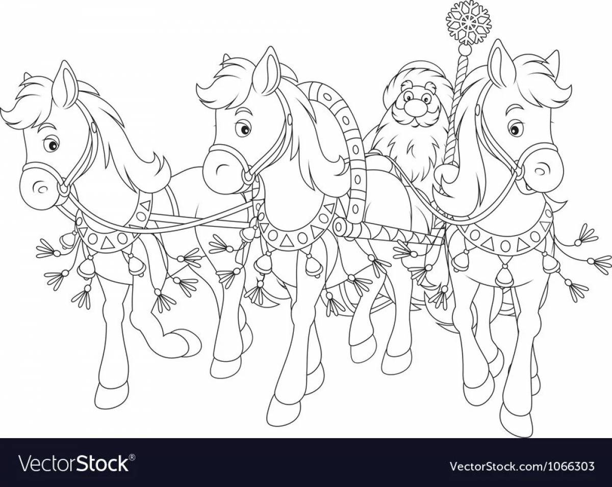 Раскраска очаровательное трио лошадей