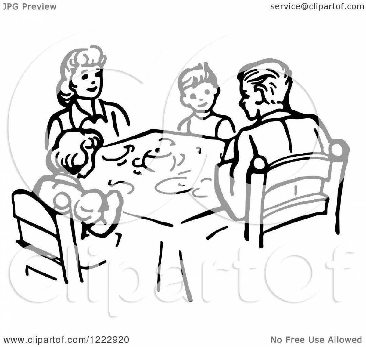 Веселая семейка за столом раскраски