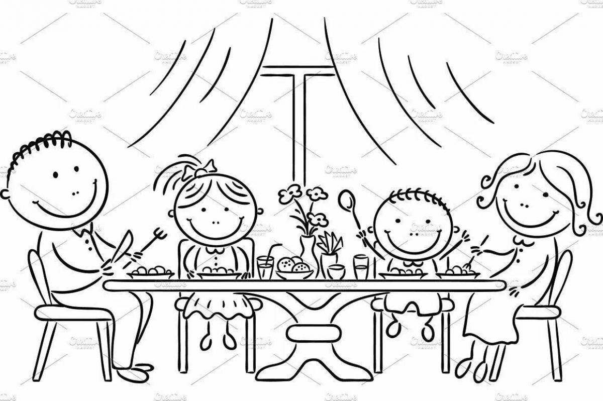 Расслабленная семья за столом раскраски