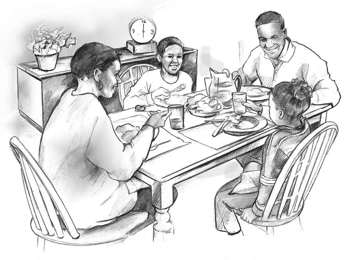 Милостивая семья за столом раскраски