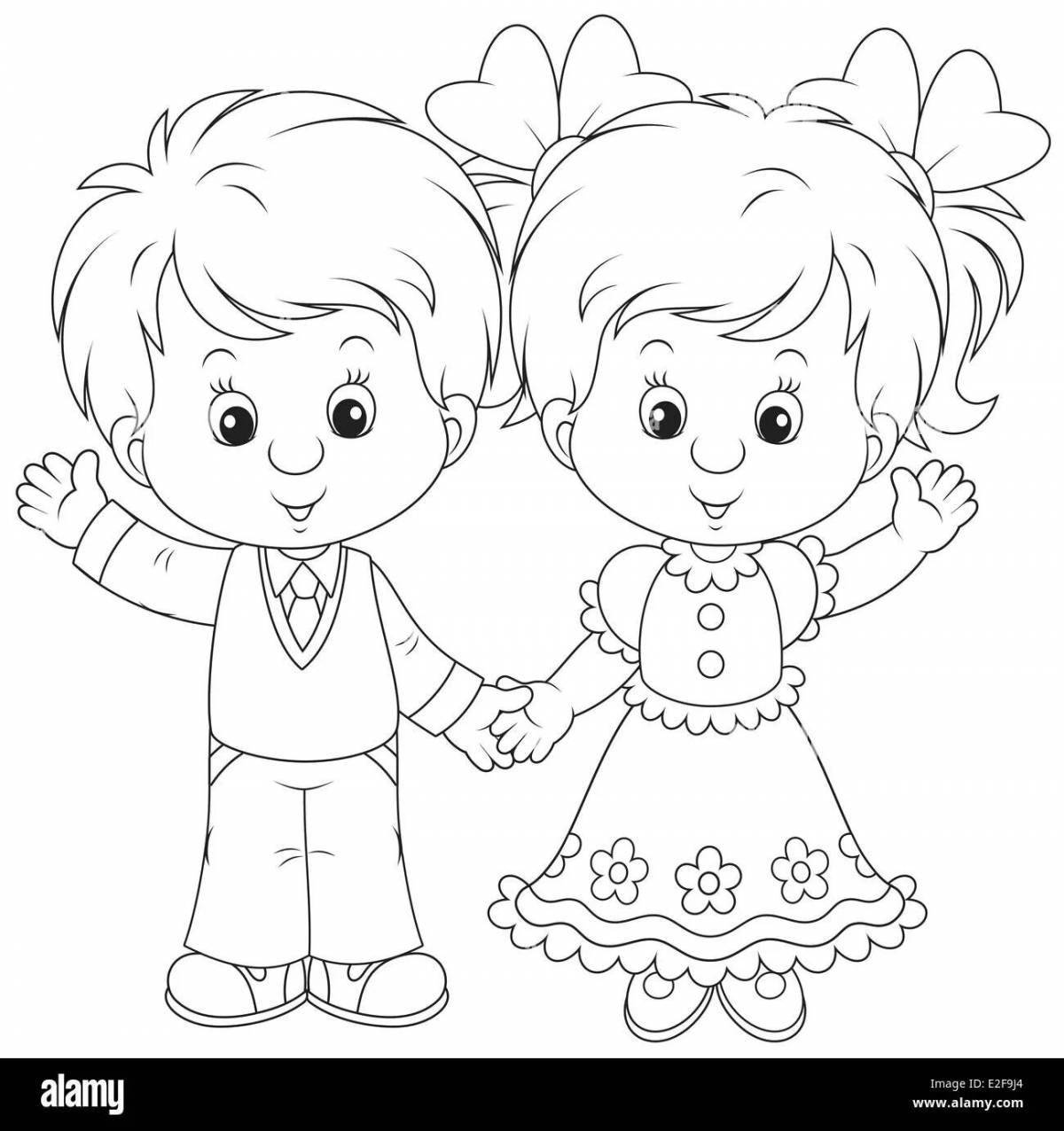 Radiant coloring page girl and boy drawing