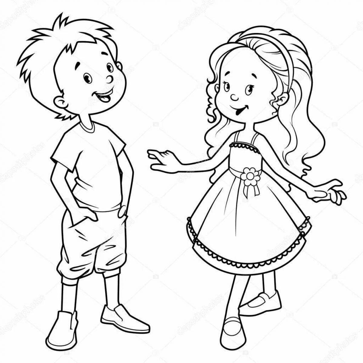 Grand coloring page girl and boy drawing