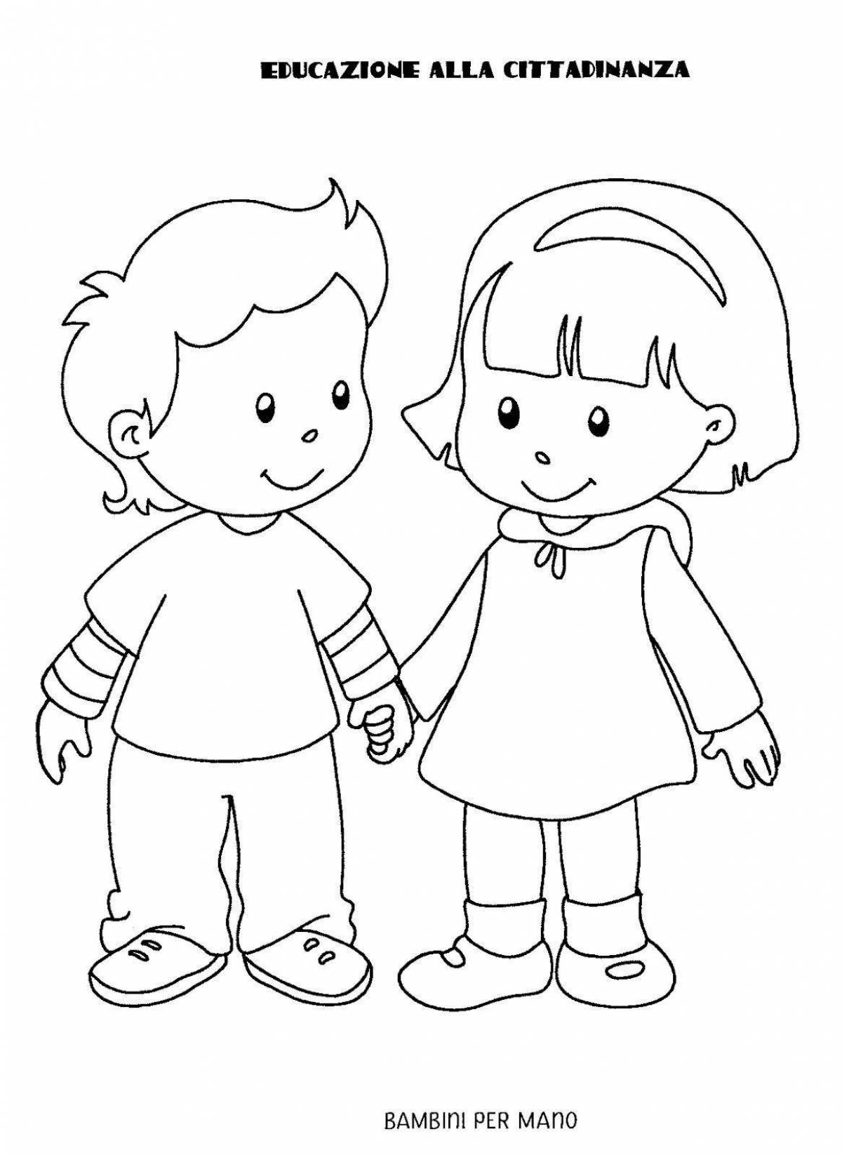 Раскраска радостный мальчик и девочка держатся за руки