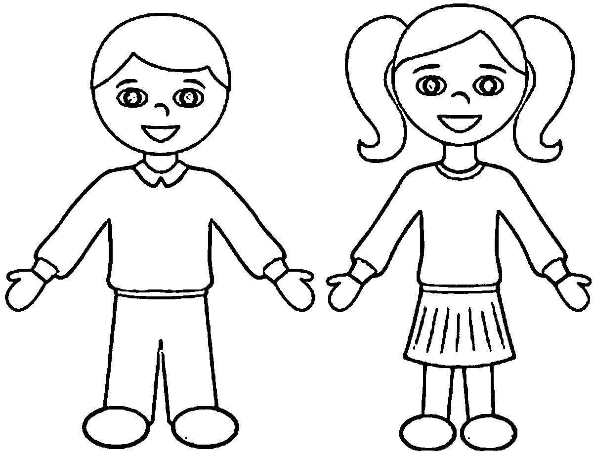 Раскраска веселый мальчик и девочка, держащиеся за руки