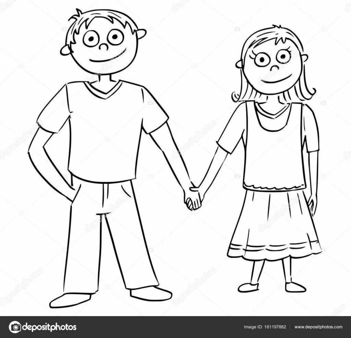 Раскраска милый мальчик и девочка держатся за руки