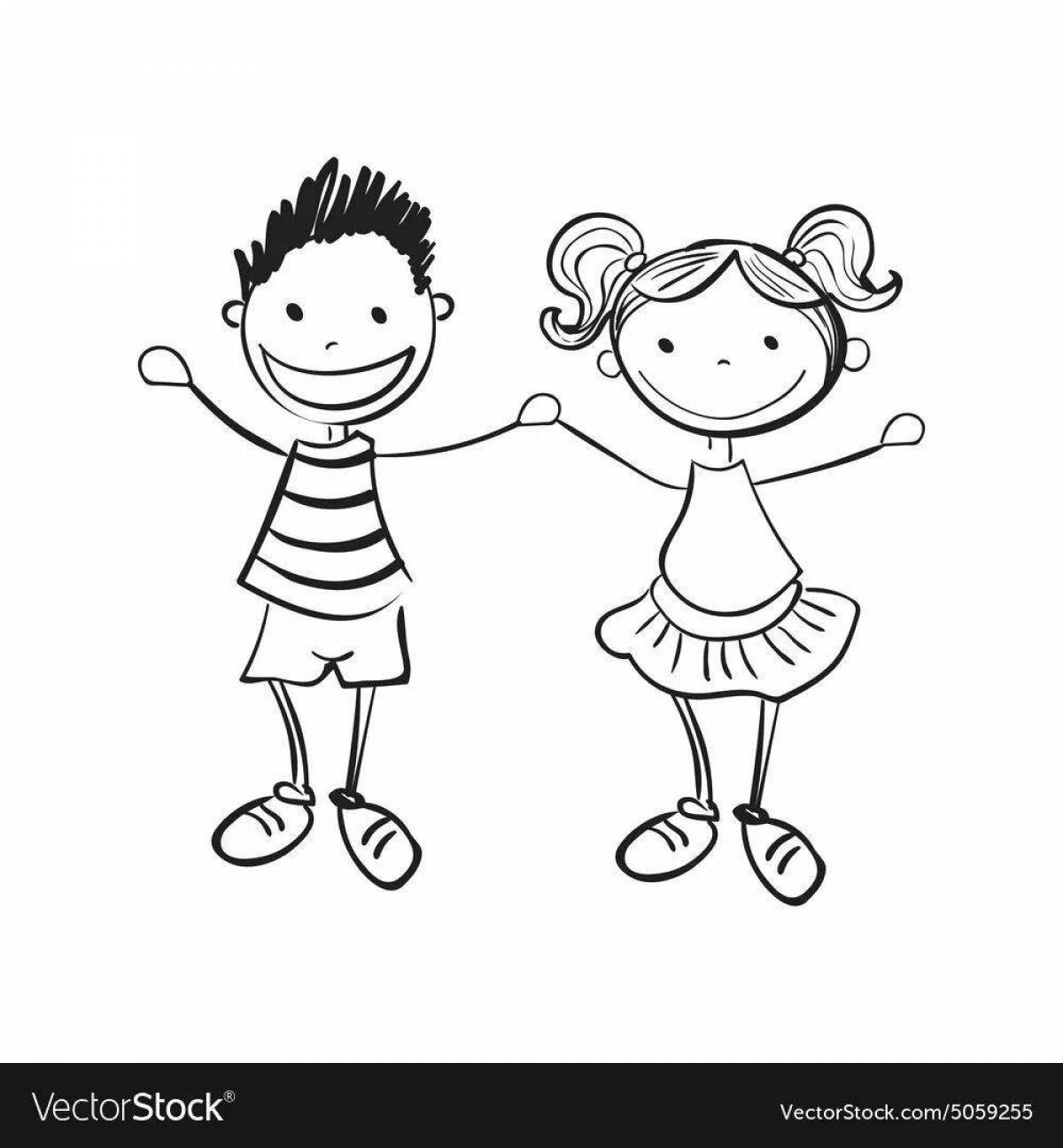 Раскраска дружелюбный мальчик и девочка, держащиеся за руки